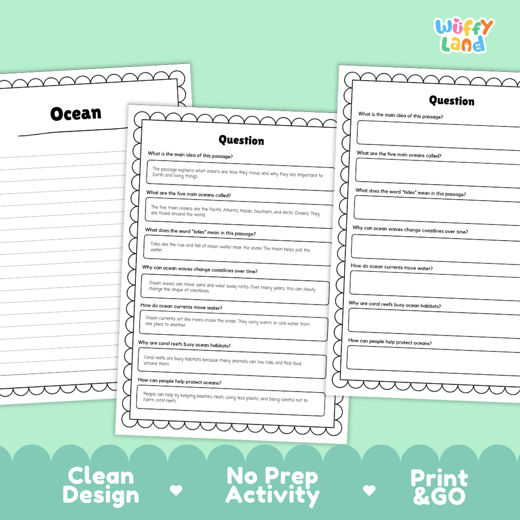 Three printable worksheet pages for an ocean-themed reading comprehension activity, shown on a mint green background with the text 'Clean Design', 'No Prep Activity', and 'Print & GO'. The worksheets have black text and border lines on white paper, and the brand name 'Wiffly Land' appears in the top right corner.