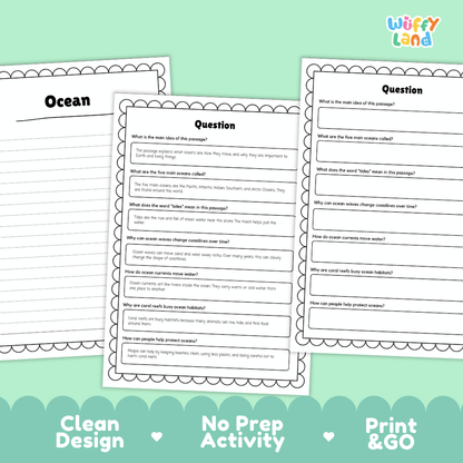 Three printable worksheet pages for an ocean-themed reading comprehension activity, shown on a mint green background with the text 'Clean Design', 'No Prep Activity', and 'Print & GO'. The worksheets have black text and border lines on white paper, and the brand name 'Wiffly Land' appears in the top right corner.
