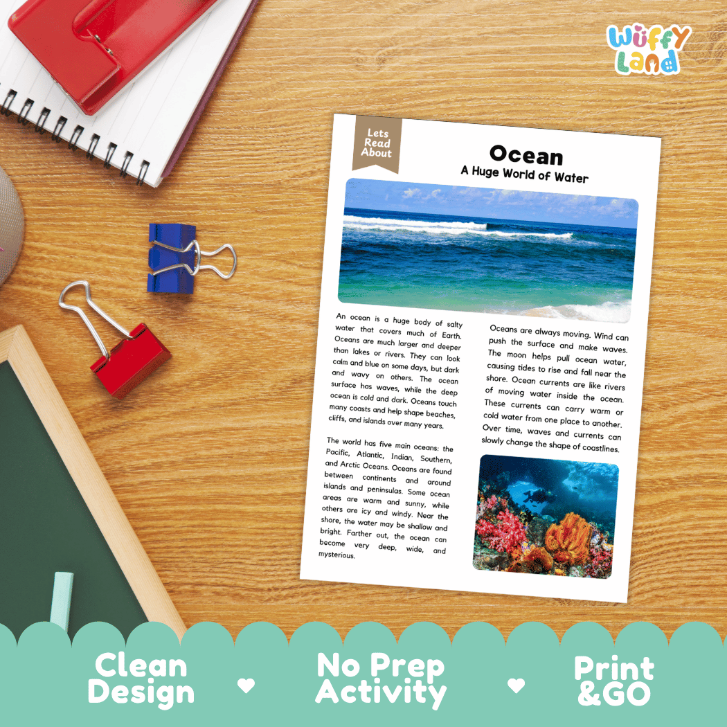 An educational reading activity sheet titled 'Ocean: A Huge World of Water' by Wiffly Land, displayed on a wooden desk with a red notebook, binder clips, and a blue pen. The sheet features text about oceans and a small underwater coral reef photograph.