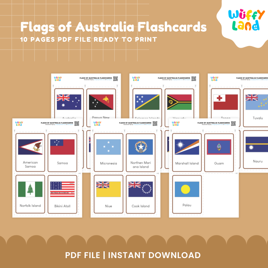 Montessori Oceania geography cards featuring flags of Australia, Fiji, Samoa, Papua New Guinea and other Pacific countries