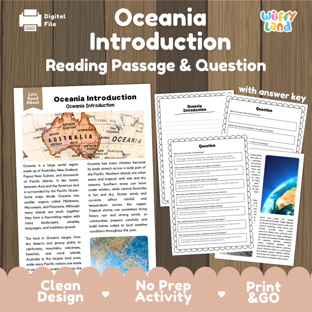 Oceania Introduction reading comprehension passage and questions printable activity pack with answer key for elementary students
