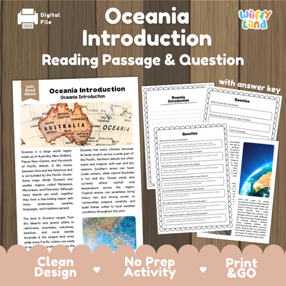 Oceania Introduction reading comprehension passage and questions printable activity pack with answer key for elementary students