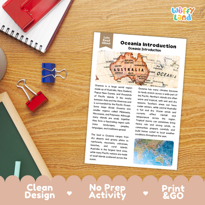 Student reading comprehension worksheet with short-answer questions and lined sections about Oceania geography