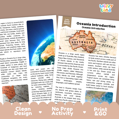 Teacher answer key page showing complete question solutions for Oceania geography social studies reading comprehension practice