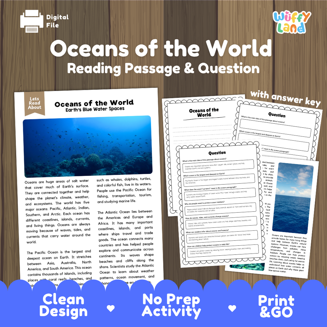 Oceans of the World reading comprehension passage and questions printable activity pack with answer key for elementary students