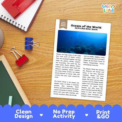 Student reading comprehension worksheet with short-answer questions and lined sections about the oceans of the world