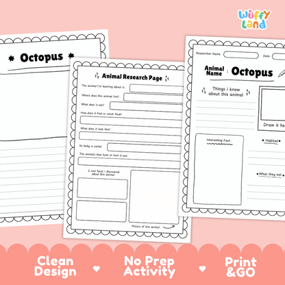 Octopus Animal Research Page Worksheets