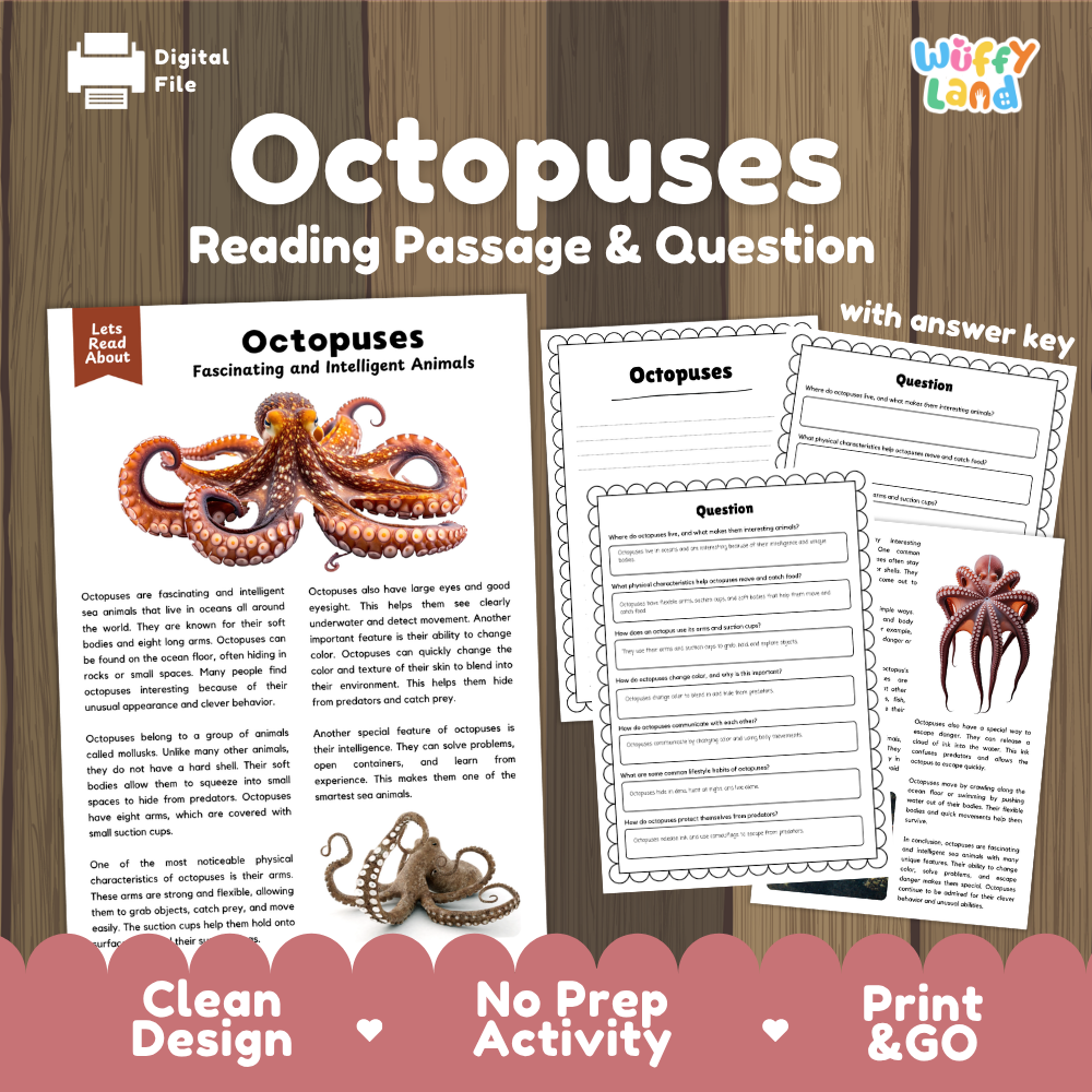 Octopuses Reading Passage and Comprehension Questions Worksheets