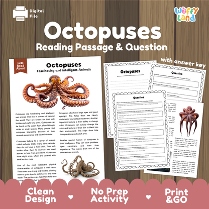 Octopuses Reading Passage and Comprehension Questions Worksheets