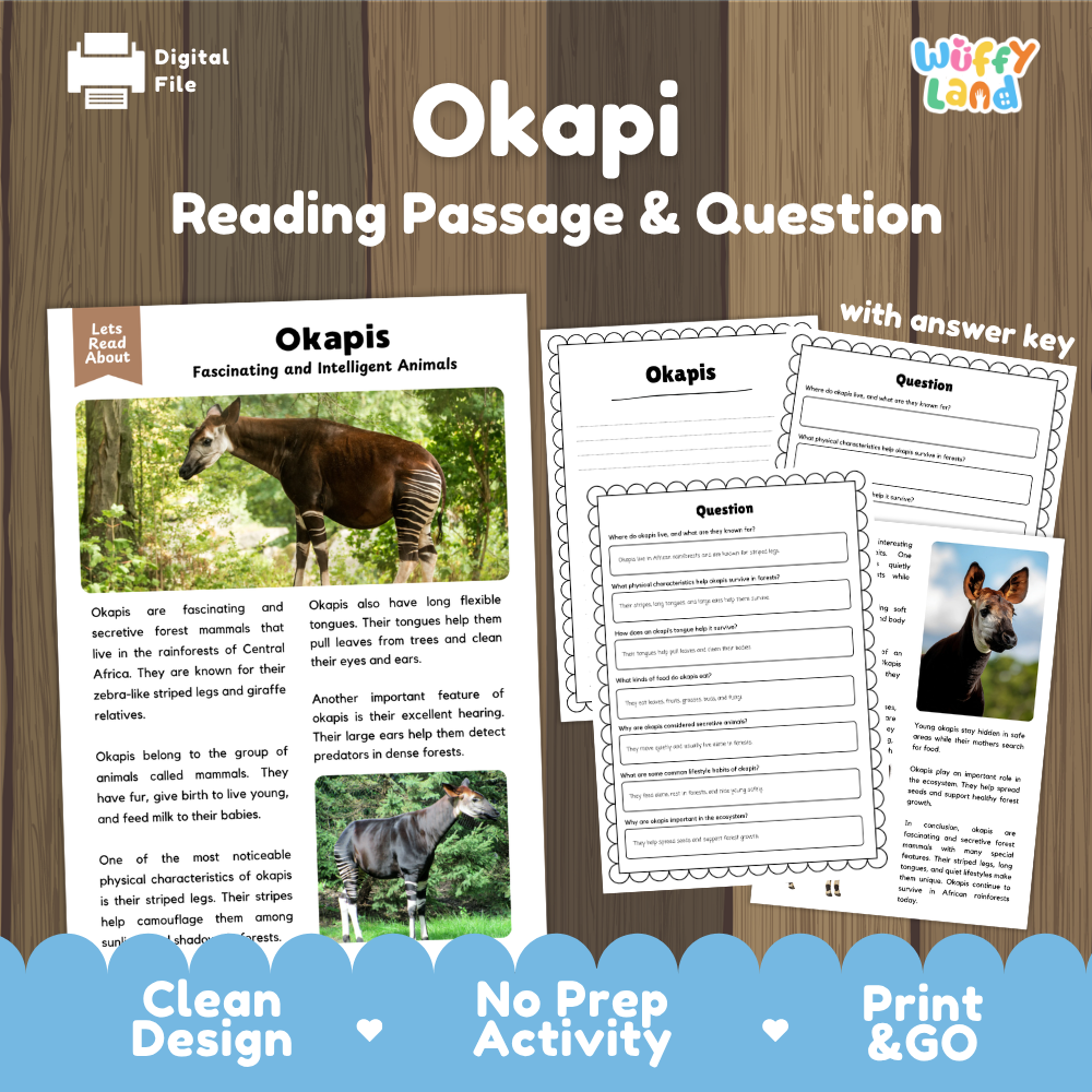 Digital reading activity sheet set for 'Okapi' featuring a reading passage with images of okapis, worksheet pages with comprehension questions, and an answer key, presented on a wood-grain background with promotional text.
