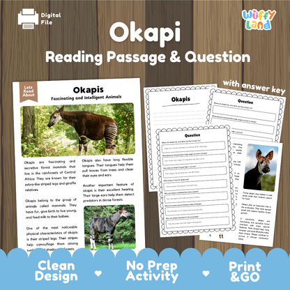 Digital reading activity sheet set for 'Okapi' featuring a reading passage with images of okapis, worksheet pages with comprehension questions, and an answer key, presented on a wood-grain background with promotional text.