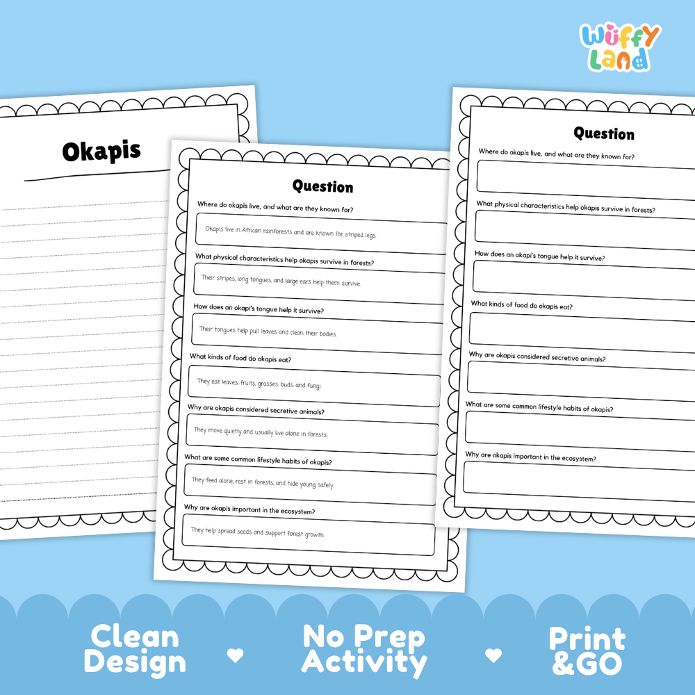 Three printable worksheet pages for an okapi biology activity, displayed on a light blue background with decorative text reading 'Clean Design', 'No Prep Activity', and 'Print & GO'. The worksheets contain fill-in lines and short answer questions about okapi anatomy and ecology.