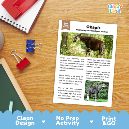 An educational reading activity sheet titled 'Okapis Fascinating and Intelligent Animals' displayed on a wooden desk with a red notebook, binder clips, and a red folder nearby. The sheet features text and a photo of an okapi.