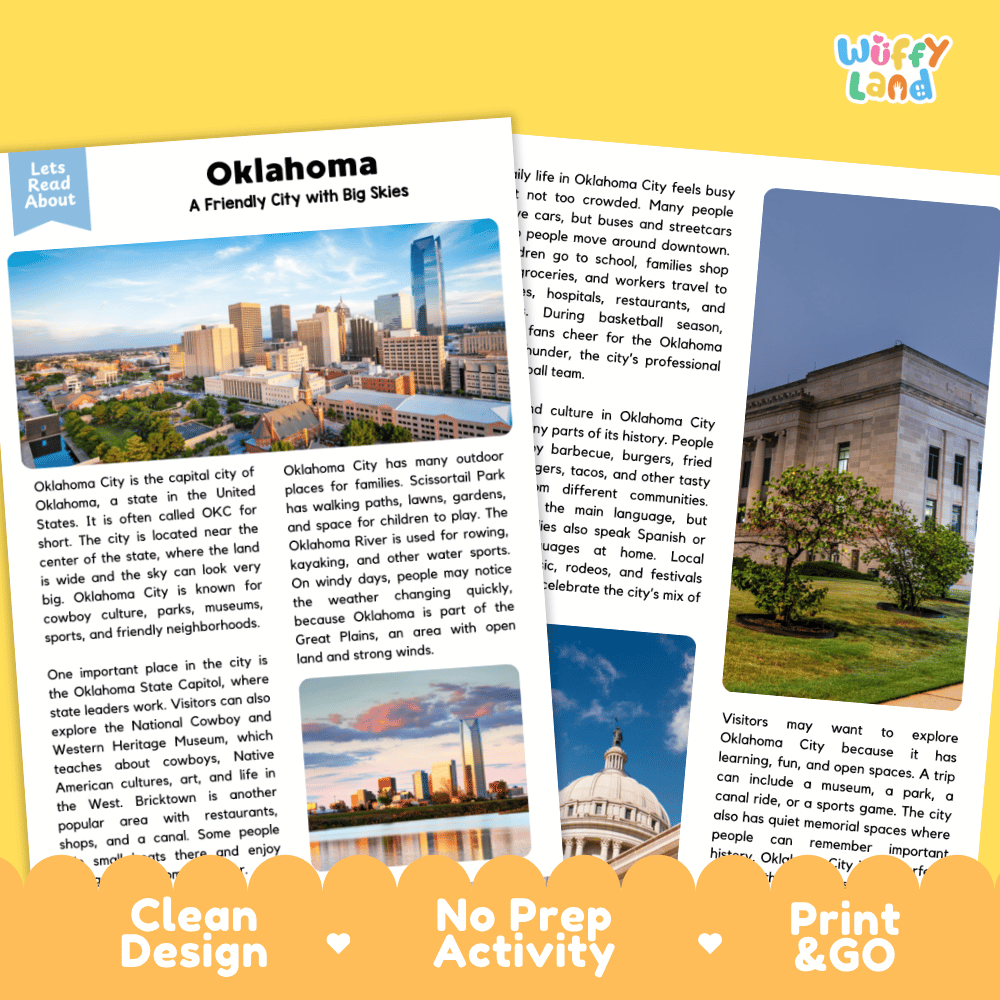 Lined reading comprehension question worksheet covering main ideas vocabulary terms and landmark facts about Oklahoma City