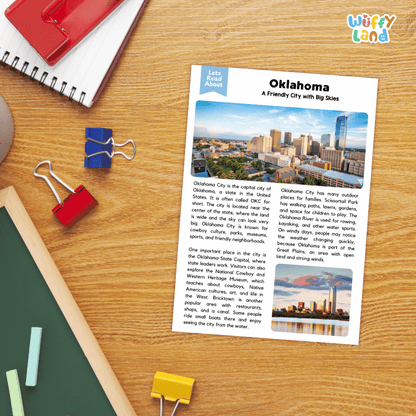 Reference sheet and answer key for Oklahoma City landmark reading passage displaying completed comprehension answers and United States geography facts