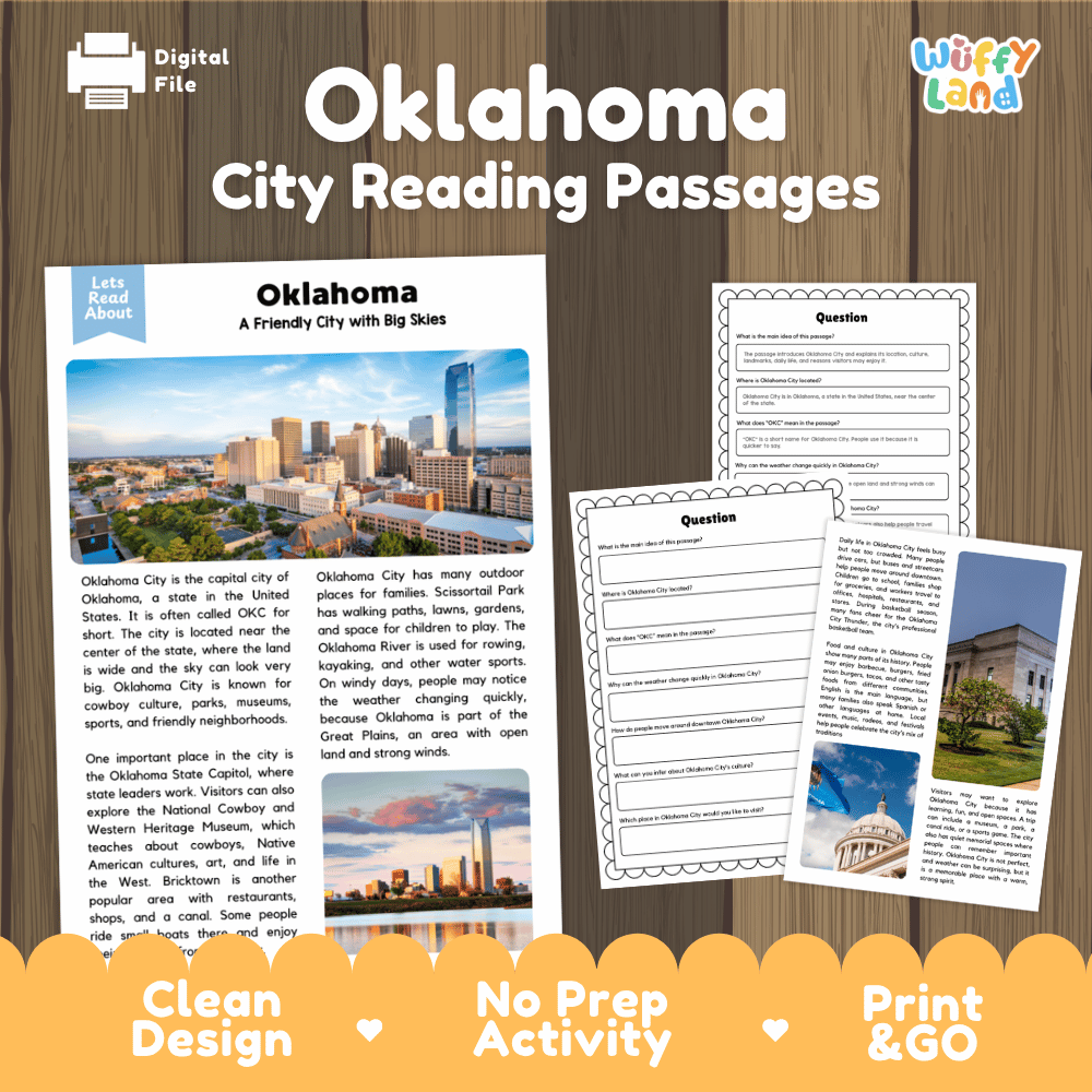 Oklahoma City reading passages and comprehension worksheet educational unit featuring nonfiction text and authentic Oklahoma City skyline photography