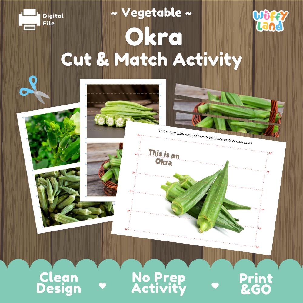 Okra cut and match activity cover showing printable fine motor puzzle sheets and vegetable photographs