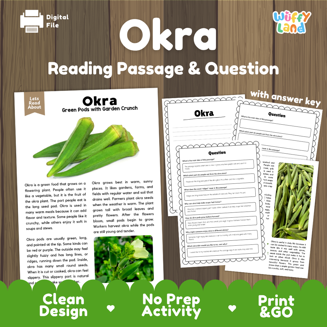 Okra reading comprehension passage and questions printable activity pack with answer key for elementary students
