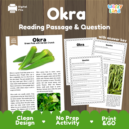 Okra reading comprehension passage and questions printable activity pack with answer key for elementary students