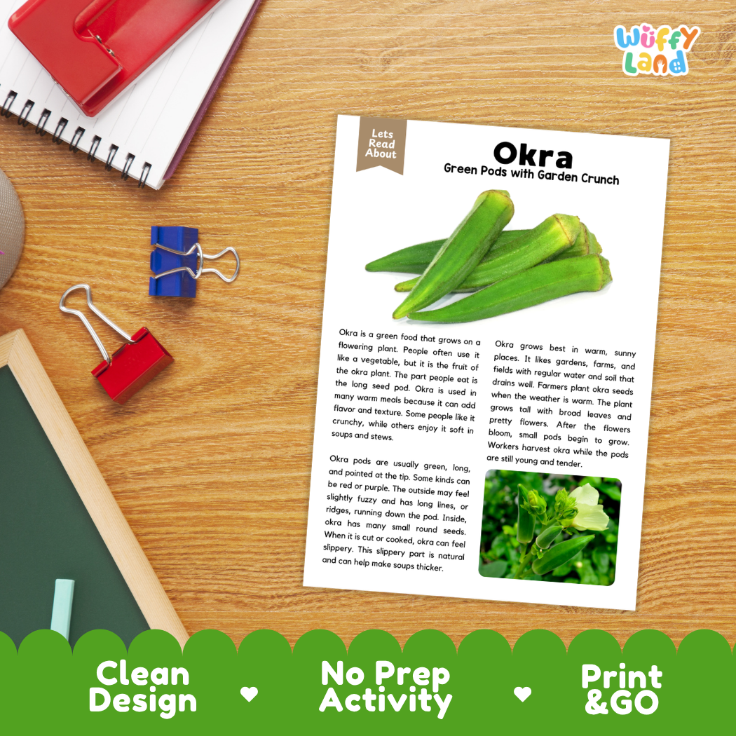 Student reading comprehension worksheet with short-answer questions and lined sections about okra vegetables