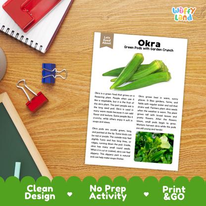Student reading comprehension worksheet with short-answer questions and lined sections about okra vegetables