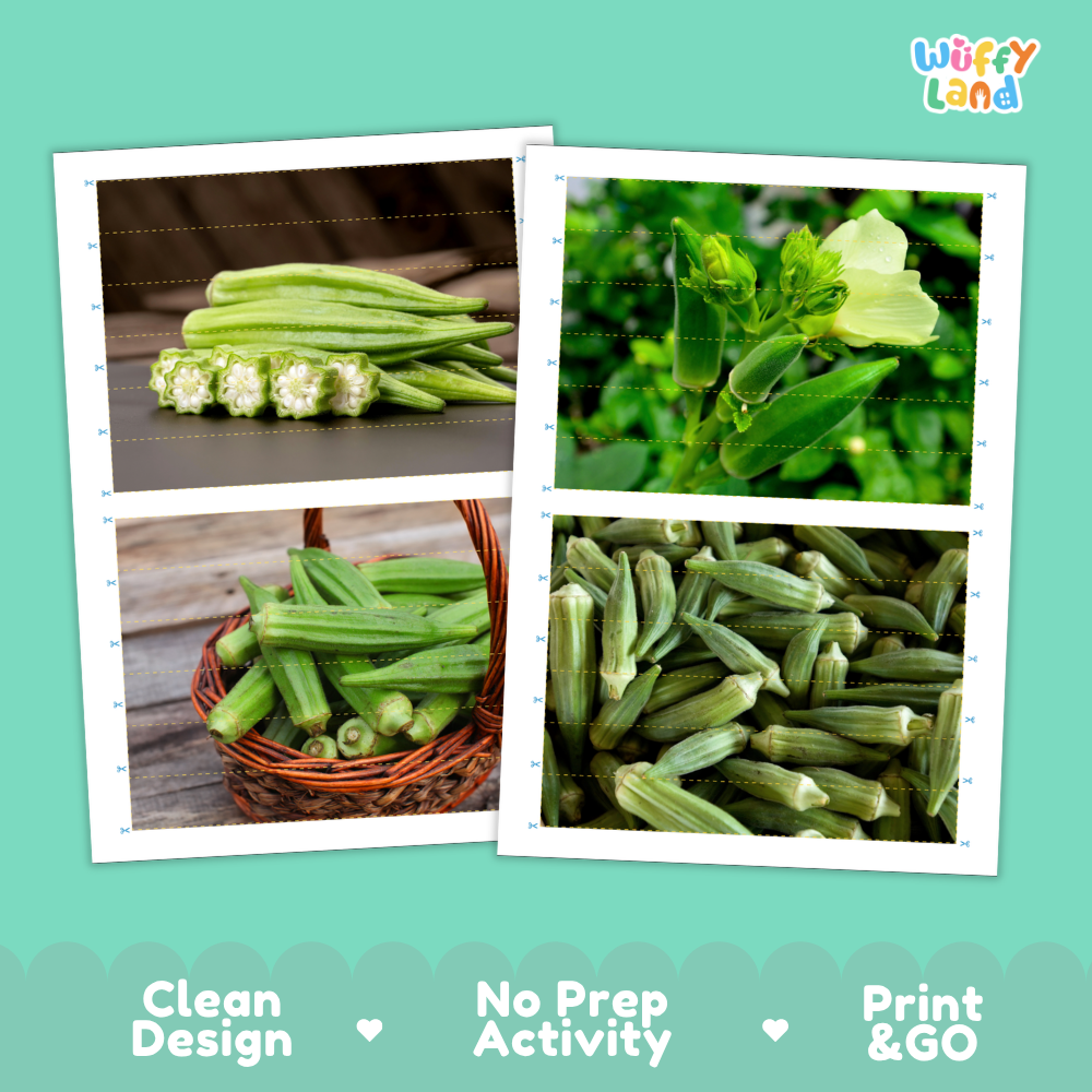 Printable activity sheets featuring photographic okra puzzle boards and cutting guides
