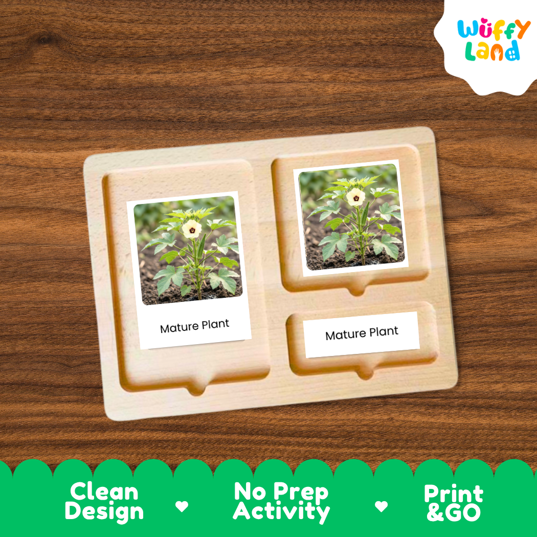 A wooden Montessori-style activity tray labeled 'Mature Plant' with two photo inserts showing a plant, placed on a brown wood surface. A 'Wuffy Land' logo appears in the top right, and a green banner at the bottom reads 'Clean Design', 'No Prep Activity', and 'Print & GO'.