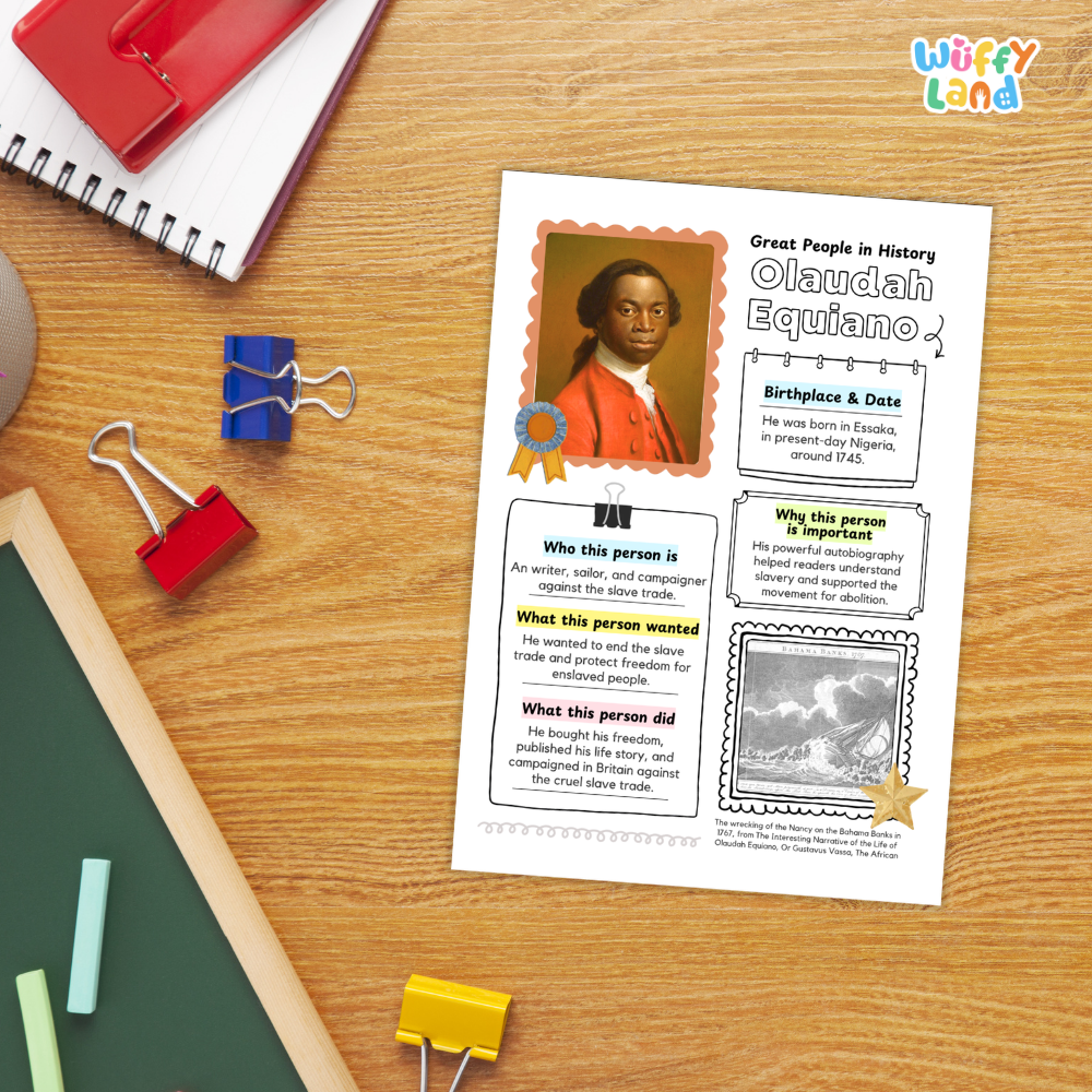 Close-up of informational summary sheet detailing Olaudah Equiano biography, challenges faced, and chronological timeline