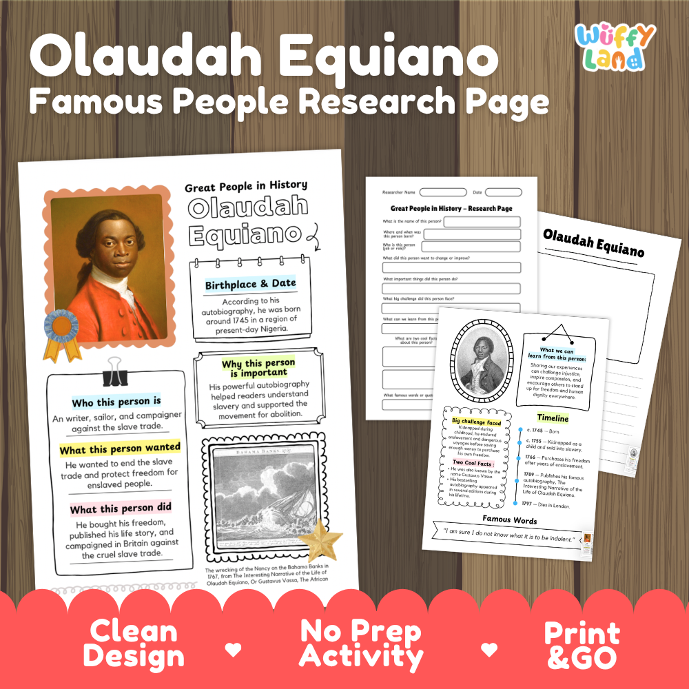 Olaudah Equiano famous people research page cover showing printable biographical worksheets, summary cards, and timelines
