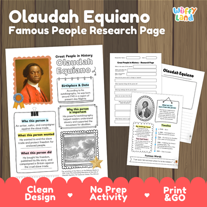 Olaudah Equiano famous people research page cover showing printable biographical worksheets, summary cards, and timelines