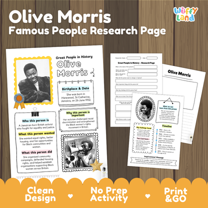 Olive Morris famous people research page cover showing biographical fact sheets timeline and student report worksheets