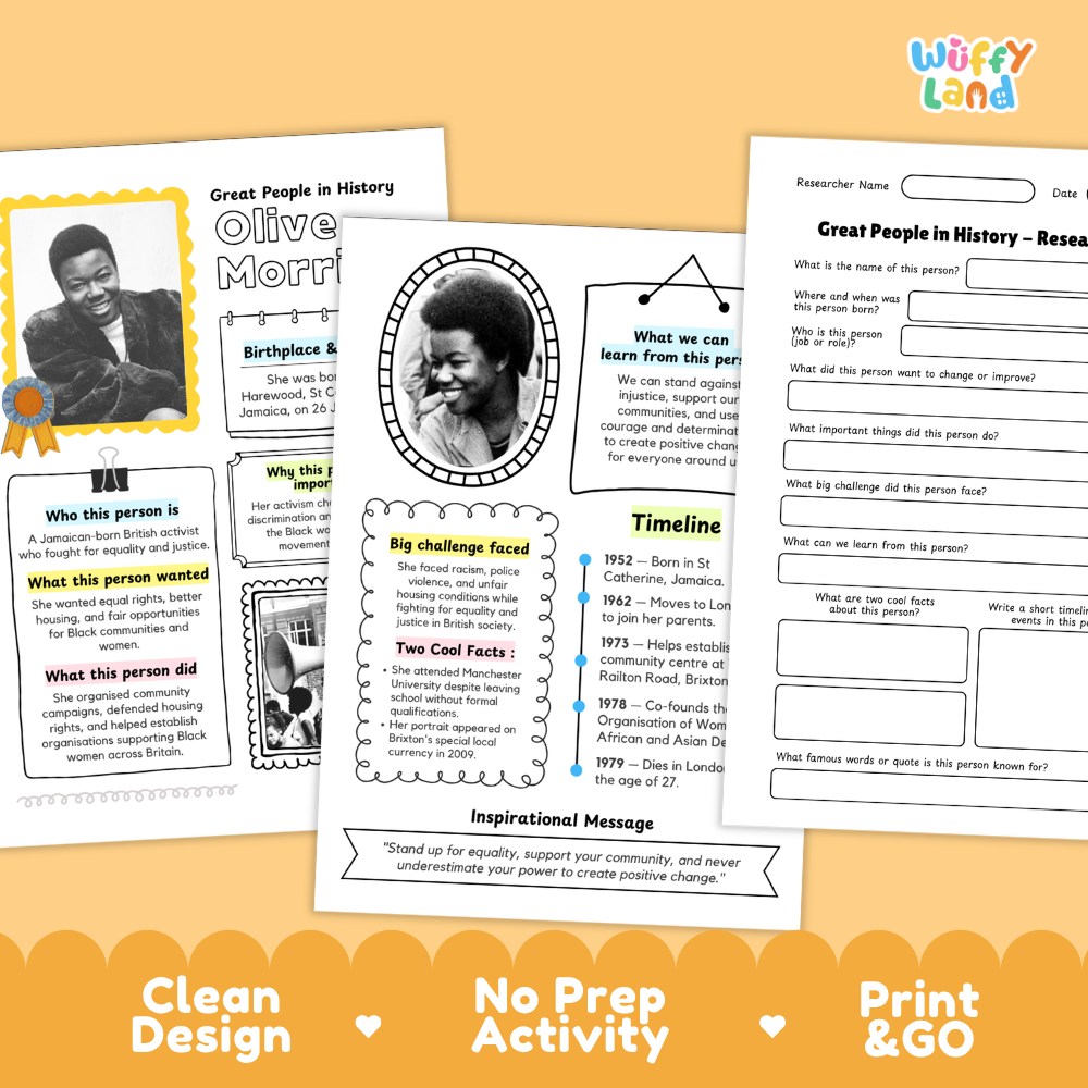 Great people in history Olive Morris visual fact sheet with portrait photo megaphone action photo birth details and achievements