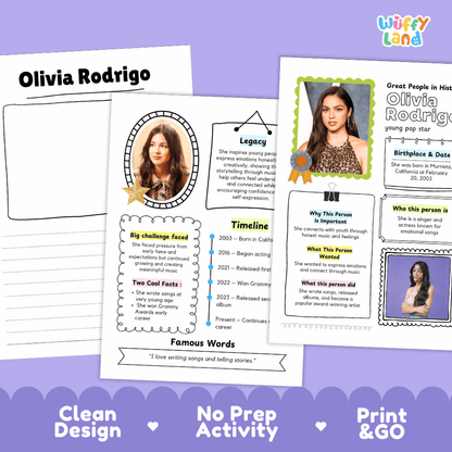 Great People in History student fact profile card detailing Olivia Rodrigo's birthplace, music career, and Grammy Award achievements