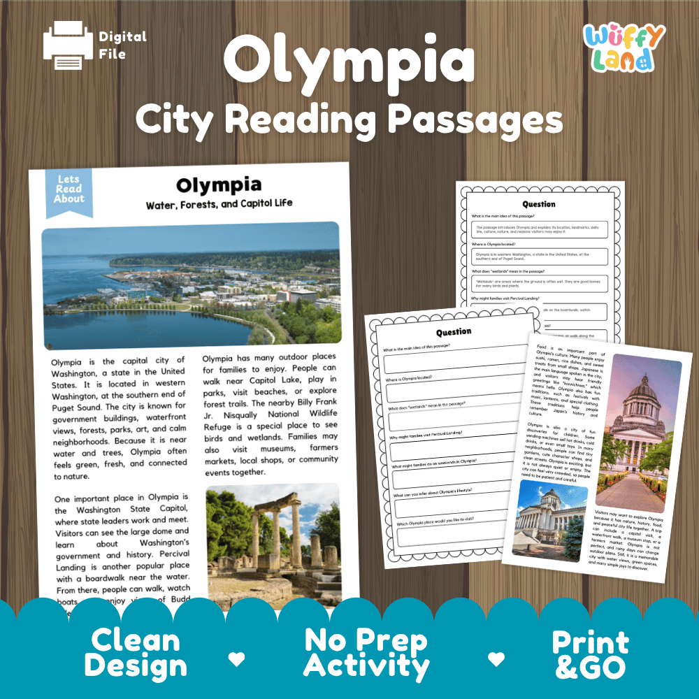 Olympia city reading passages and comprehension worksheet educational unit featuring nonfiction text and authentic Puget Sound waterfront and skyline photography