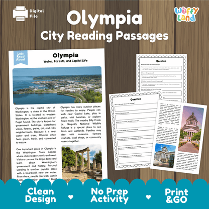 Olympia city reading passages and comprehension worksheet educational unit featuring nonfiction text and authentic Puget Sound waterfront and skyline photography