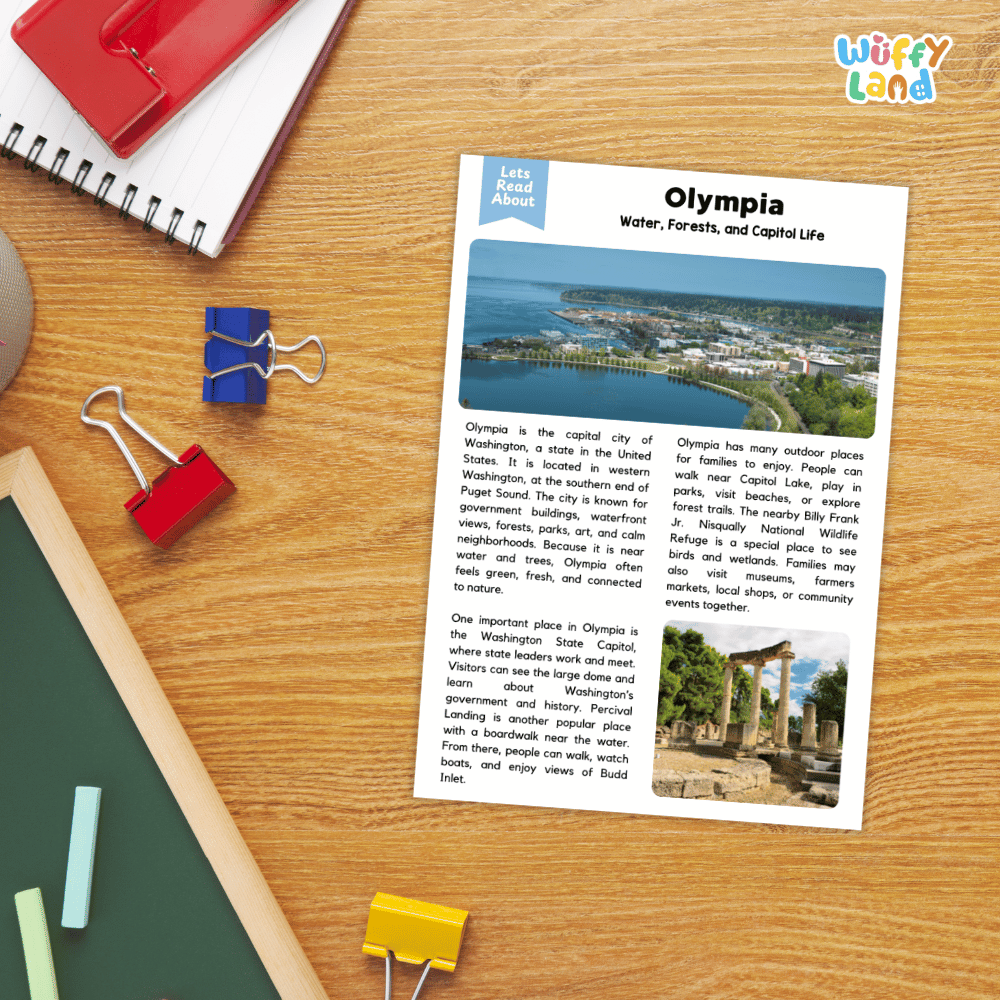 Lined reading comprehension question worksheet covering main ideas vocabulary terms wetland definitions and Percival Landing boardwalk facts in Olympia Washington