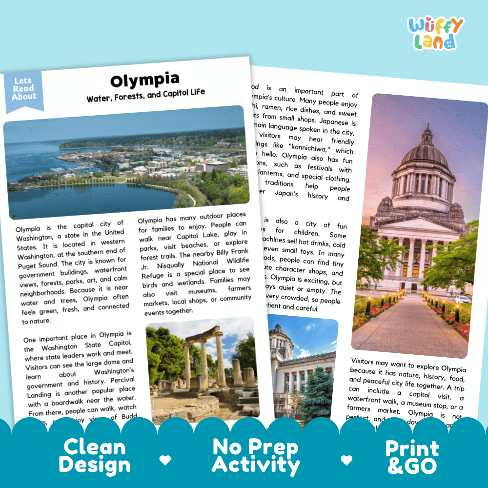 Reference sheet and answer key for Olympia landmark reading passage displaying completed comprehension answers and United States geography facts