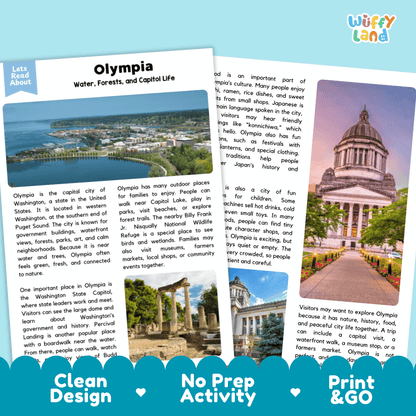 Reference sheet and answer key for Olympia landmark reading passage displaying completed comprehension answers and United States geography facts