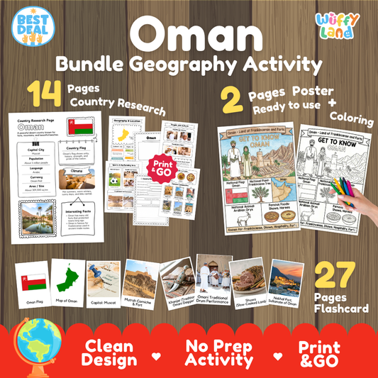 Oman geography activity bundle cover showing 14 country research pages, 2 ready to use coloring posters, and 27 photo flashcards