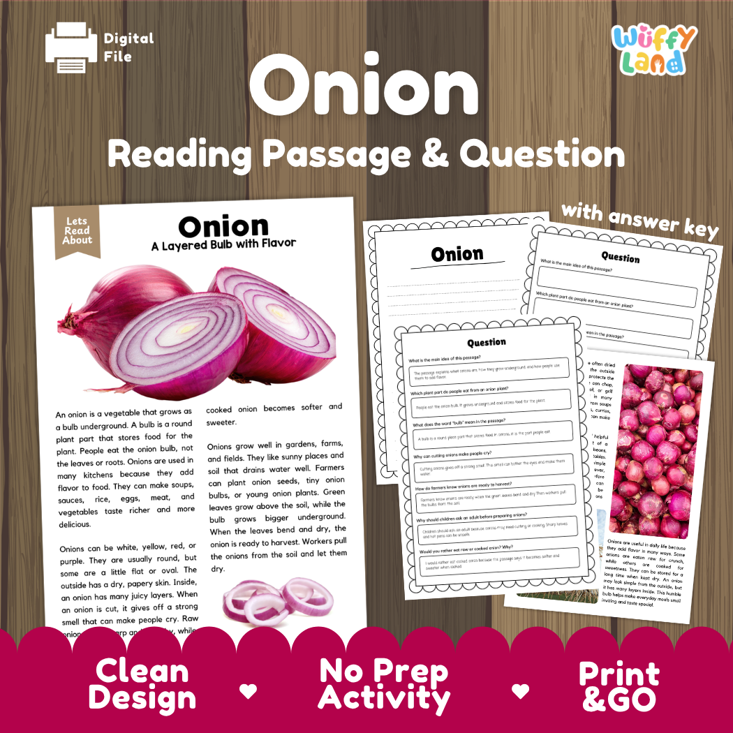 Onion reading comprehension passage and questions printable activity pack with answer key for elementary students