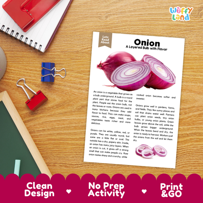 Student reading comprehension worksheet with short-answer questions and lined sections about onion vegetables