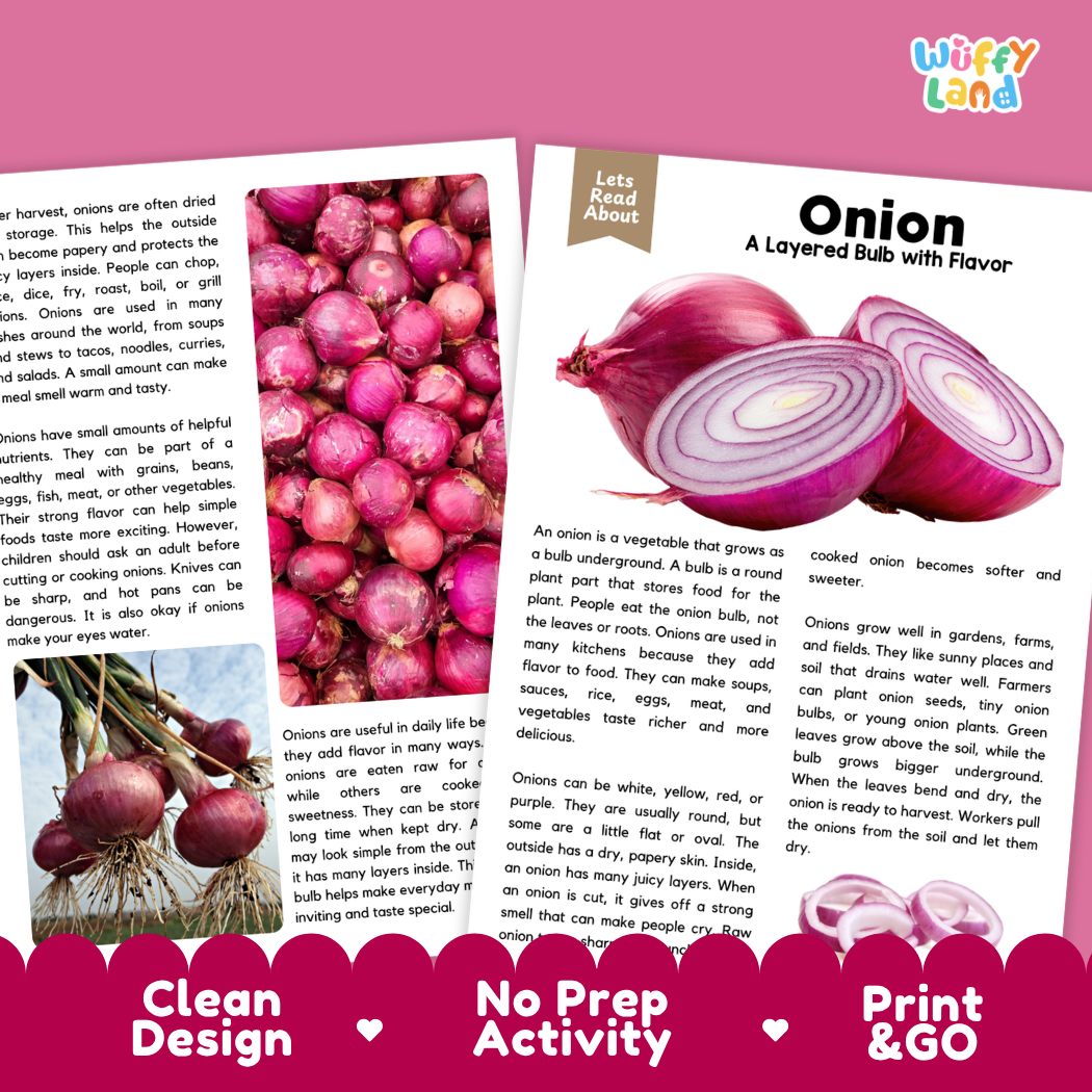 Teacher answer key page showing complete question solutions for onion reading comprehension practice