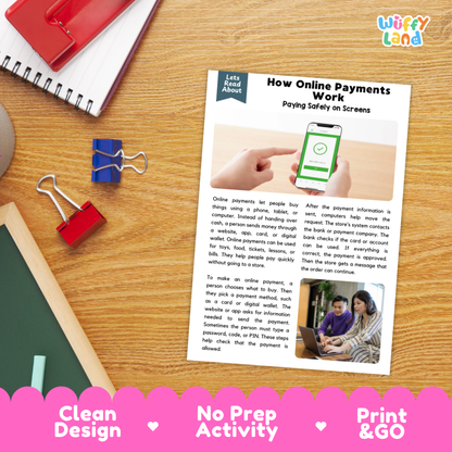 Printable student worksheet with short-answer reading comprehension questions covering online payments and digital safety