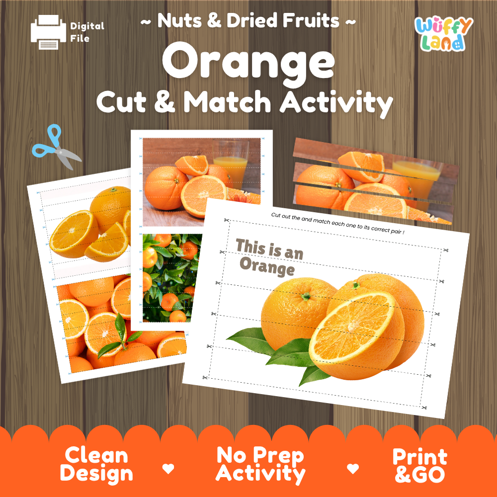 Orange cut and match activity cover showing printable fine motor puzzle sheets and citrus photographs
