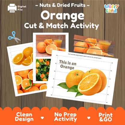 Orange cut and match activity cover showing printable fine motor puzzle sheets and citrus photographs