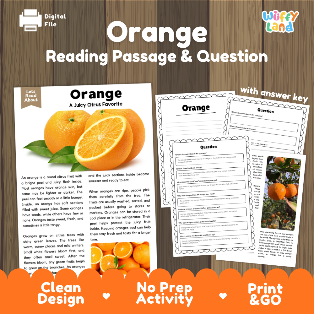 Orange reading comprehension passage and questions printable activity pack with answer key for elementary students