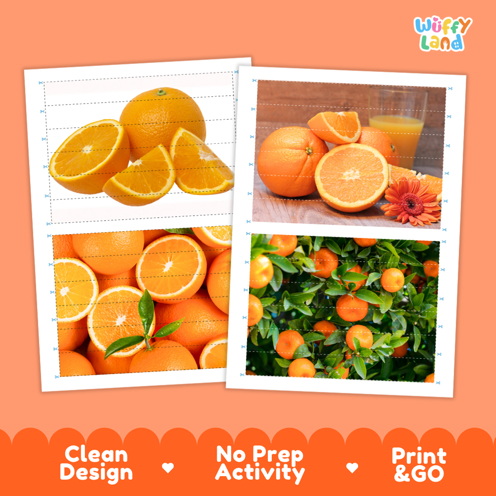 Printable activity sheets featuring photographic orange puzzle boards and cutting guides