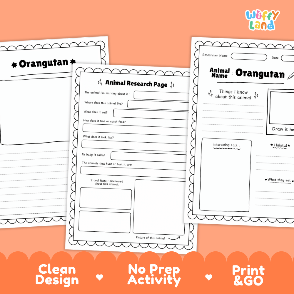 Three printable educational worksheets about orangutans arranged on an orange background, with the text 'Clean Design', 'No Prep Activity', and 'Print & GO' along the bottom. The worksheets are black-and-white activity pages with writing and drawing sections.