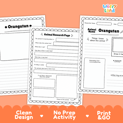 Three printable educational worksheets about orangutans arranged on an orange background, with the text 'Clean Design', 'No Prep Activity', and 'Print & GO' along the bottom. The worksheets are black-and-white activity pages with writing and drawing sections.