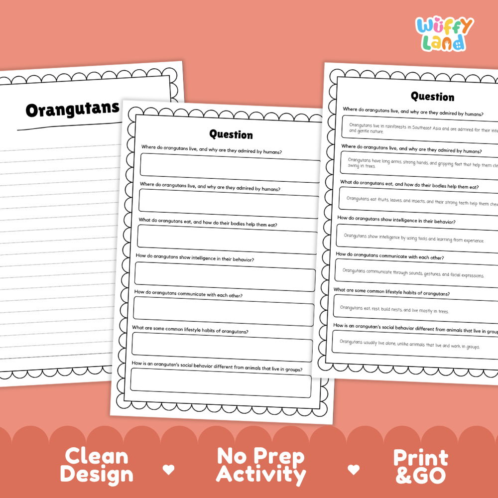 Orangutans Reading Passage and Comprehension Questions Worksheets with Answer Key